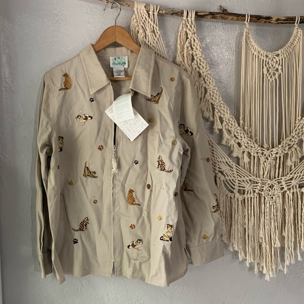 Vintage Embroidered Cat Shirt Jacket